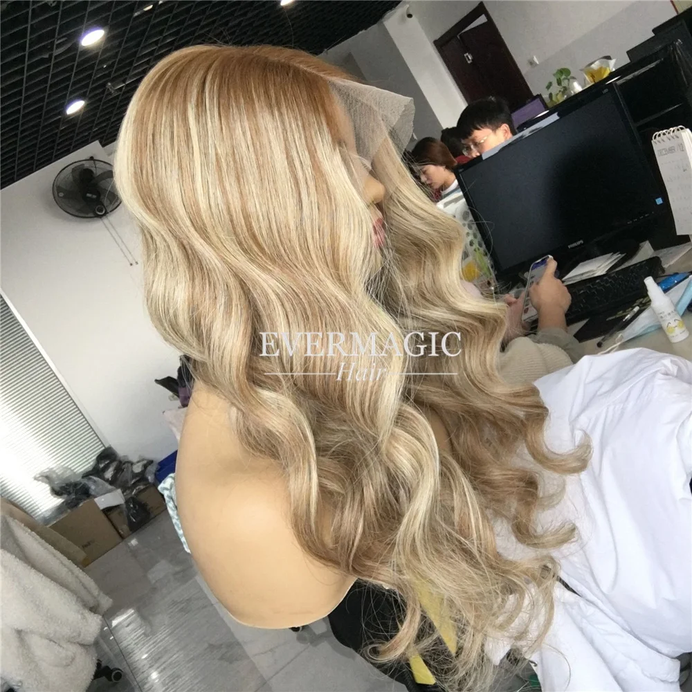 

Balayage Color Hair Lace Frontal Wigs Bleached Knots Wavy Mongolian Hair ombre blonde wigs