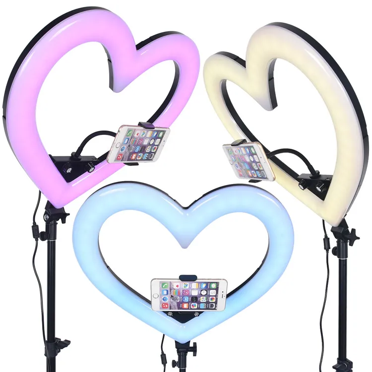 

New Design LED 19 inch heart shape Photographic makeup live broadcast RGB color dimmable selfie ring light with LCD displayer