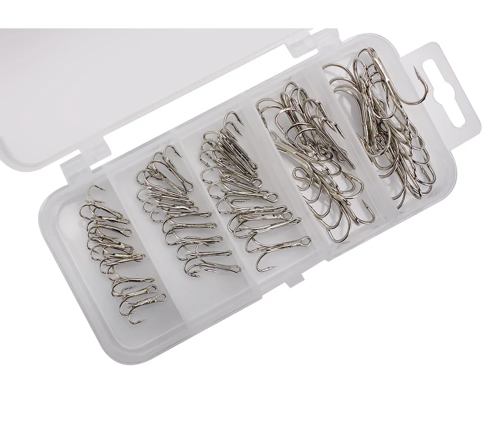 

WEIHE 50pcs High-carbon steel bulk stainless steel White nickeled fish treble fishing hooks set