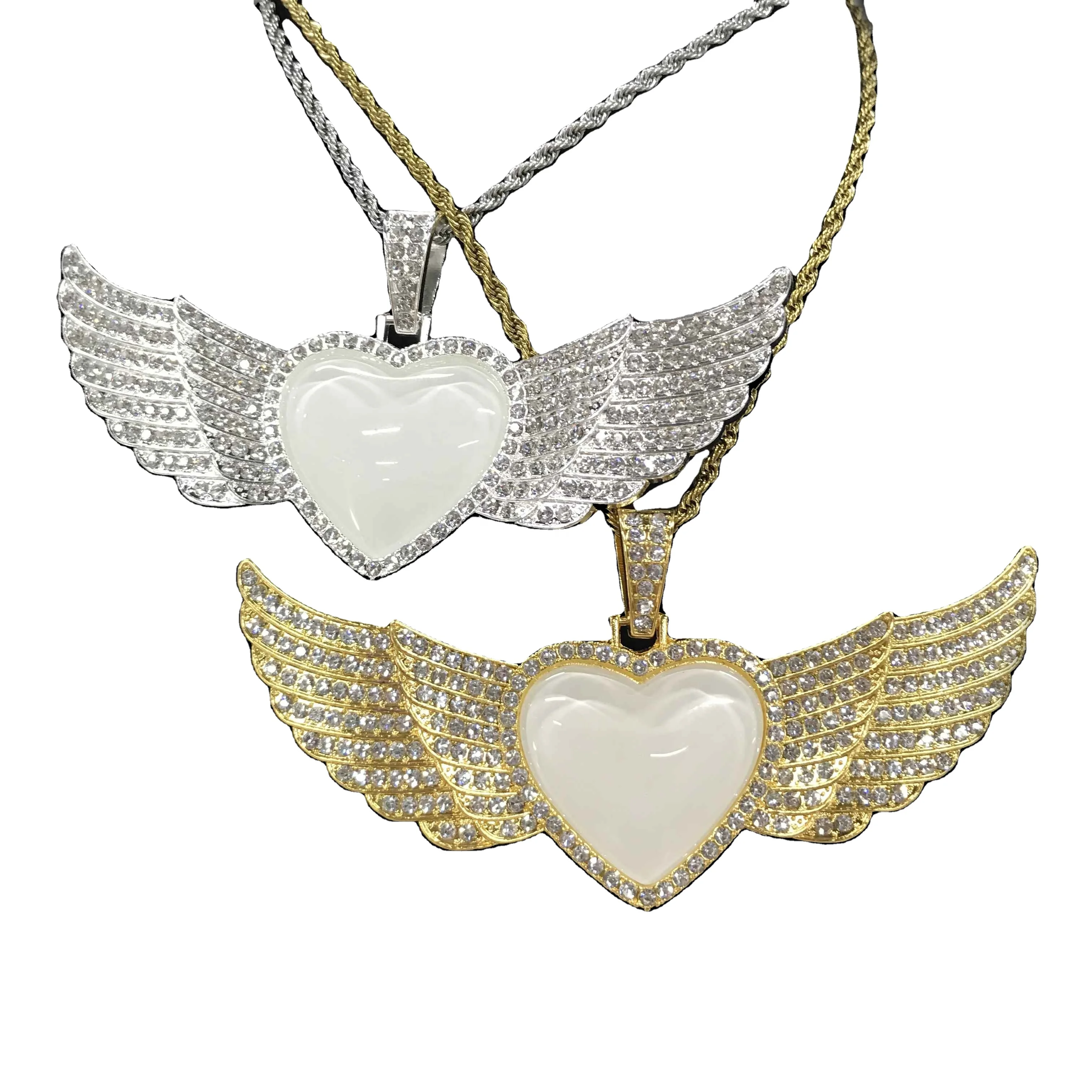 

SL-28 Sublimation Necklace Heart Angel Wing Necklace Hip Hop Jewelry Sublimation Necklace Blanks Customized Photo, Silver gold