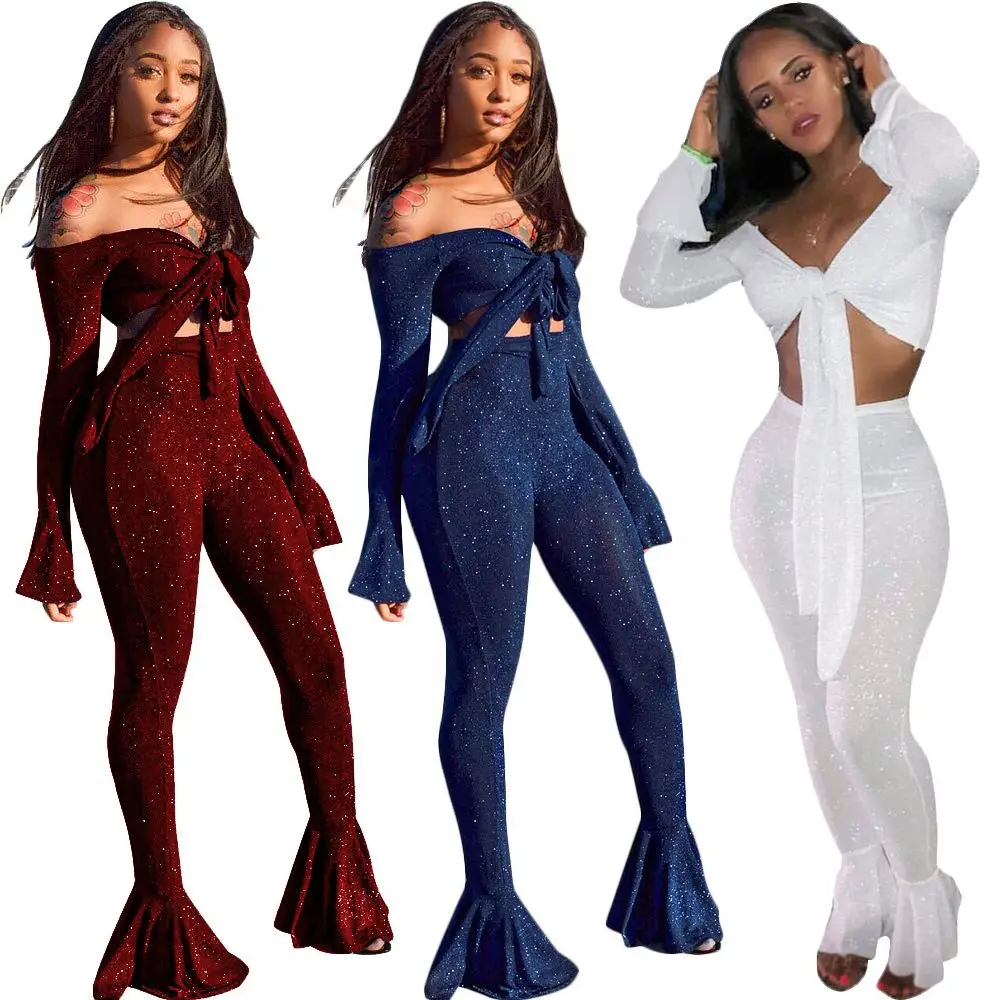 

Plain Bandage Trumpet Sleeve Crop Top And Flare Pants Club Wear Sexy Two Piece Set Women Clothing, As pictures showed