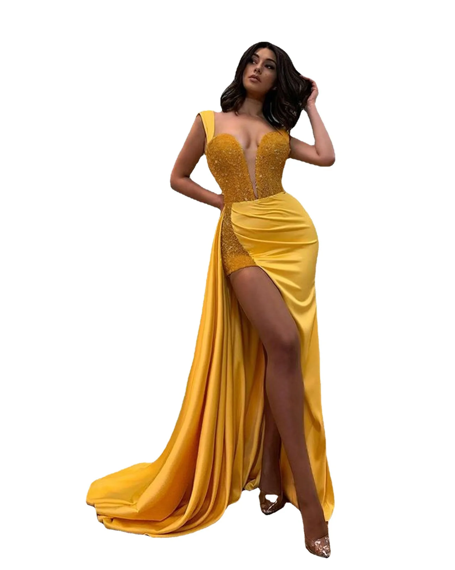 

Yellow Split Birthday Dress For Women Vestidos Fiesta Party Dresses Ladies Vestido Damas De Honor Sexy Maxi Bodycon Prom Dress