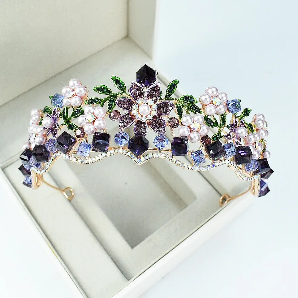 

Exquisite Luxury Crown Tiara Fashion Retro Baroque Purple Crystal Crowns For Queens Bridal Wedding Crown Hair Accessories
