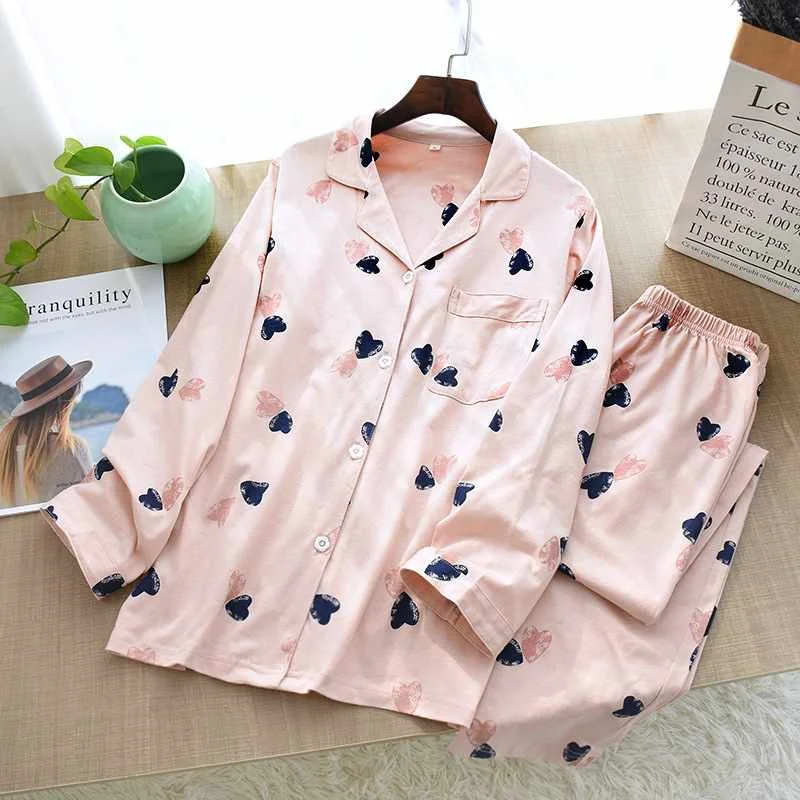 

Spring and autumn sleepwear women's cotton long-sleeved trousers suit pink casual plus size home service suit sleepwear for wom, Required