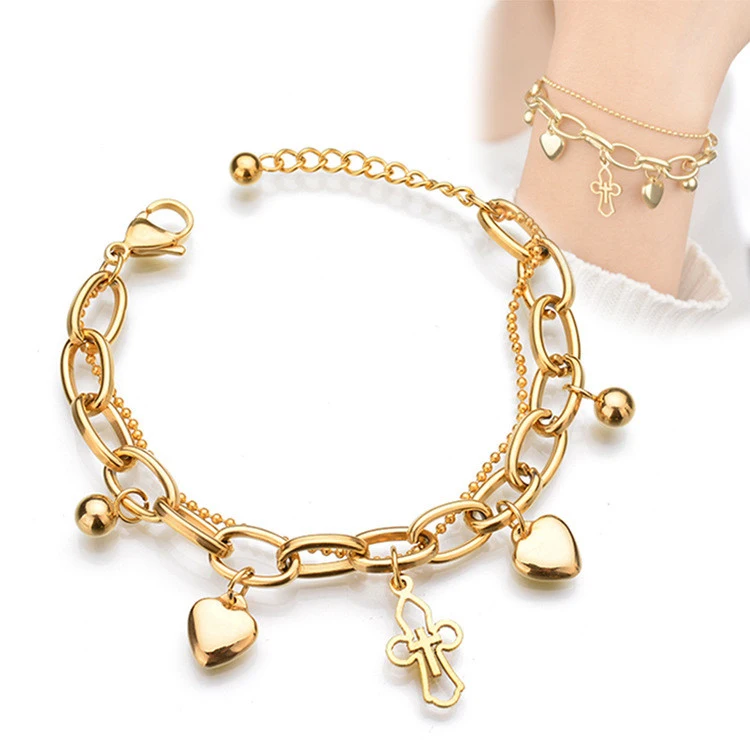 

2019 Fashion Christian Jewelry Gifts Italian Style Stainless Steel Faith Hope Love Heart Mini Cross Crucifix Bracelet, As picture