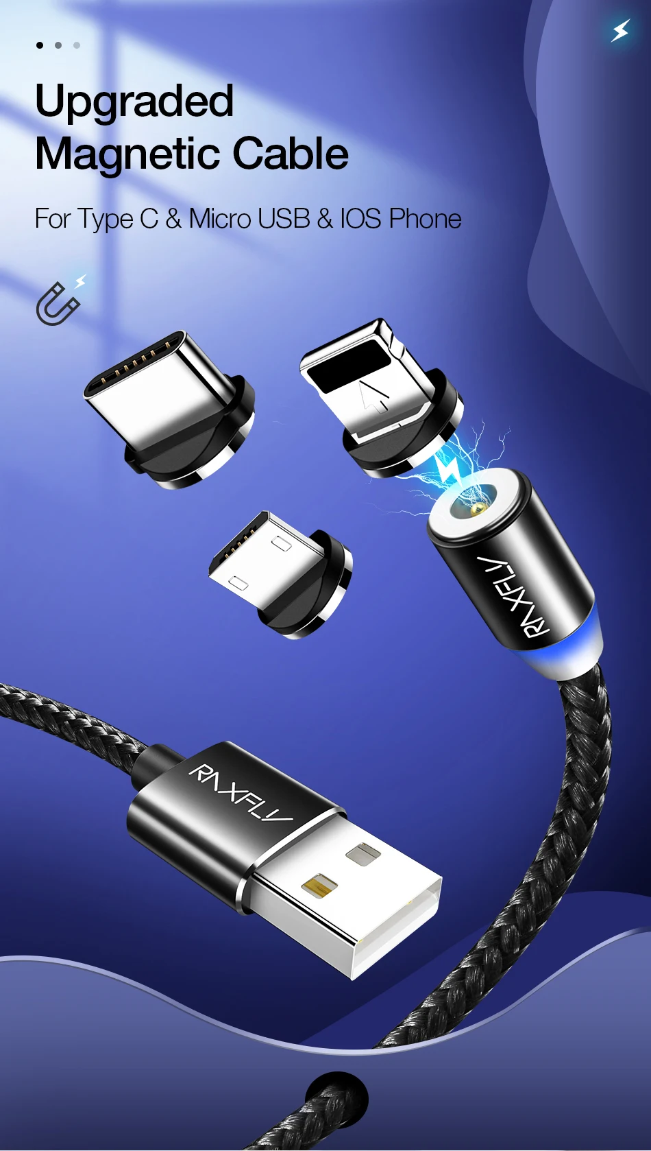 Free Shipping RAXFLY Amazon Best Seller 360 Rotation Led 3 in 1 Magnetic Usb Charging Cable Micro Type C Cable For Mobile Phone - ANKUX.COM