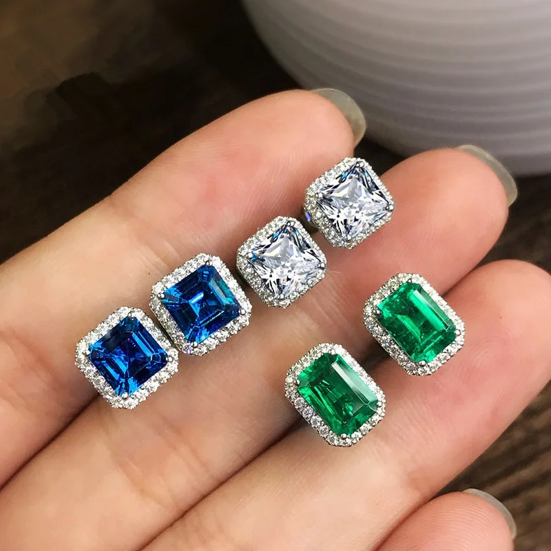 

Luxury hip hop minimalist green crystal zircon square geometric ear piercing stud earrings for women trendy jewelry, Rose gold silver