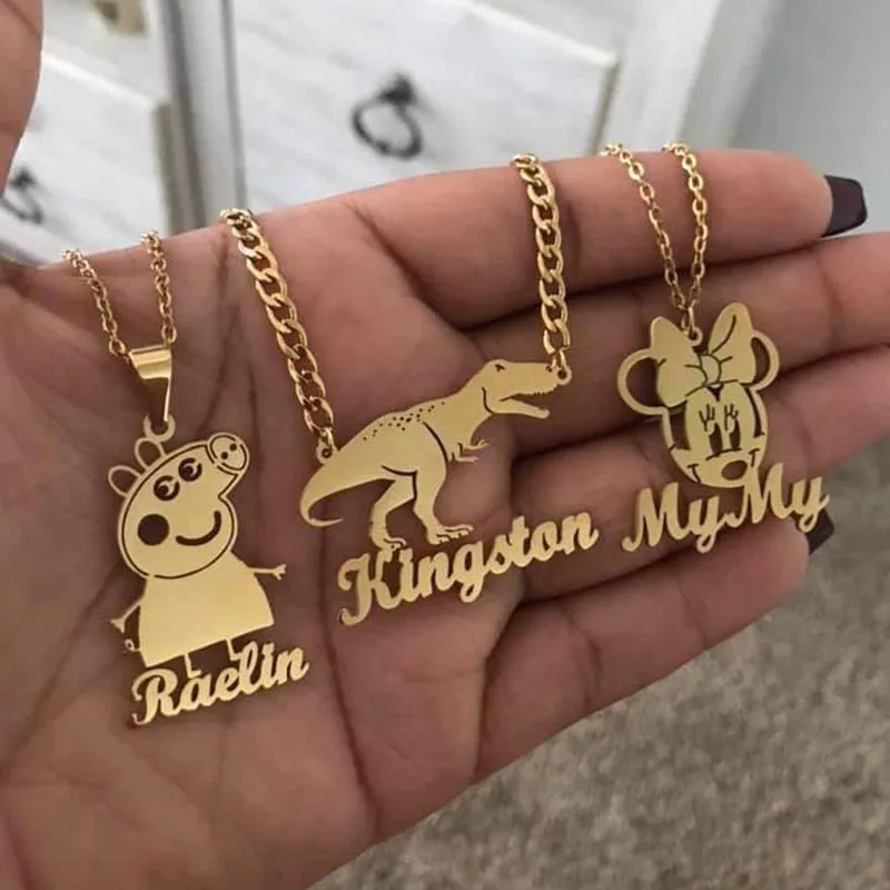 

Cute Animal Kids Cartoon Character Necklace Custom Name Personalized Children Stainless Steel Necklaces Christmas Gift, Gold,silver