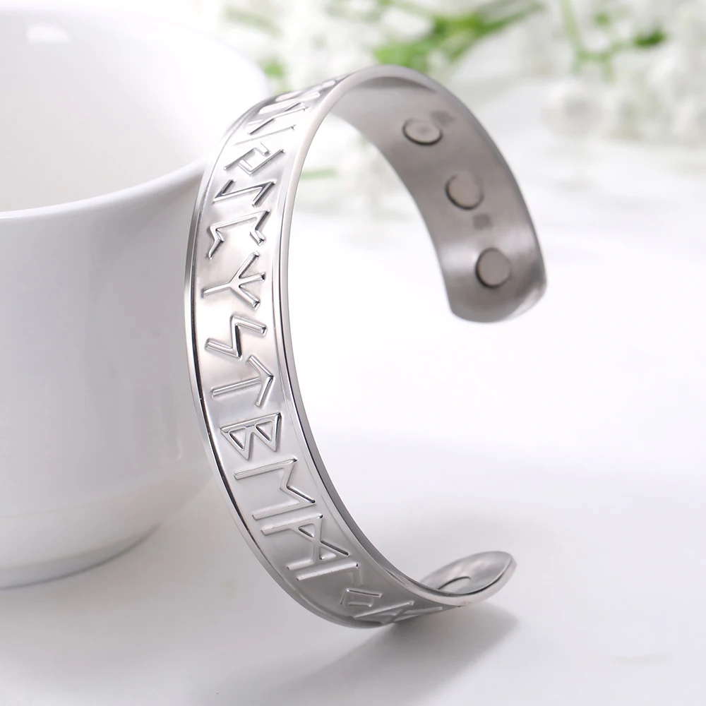

Health Magnetic Stainless Steel Runes Viking Cuff Bangle Irish Celtic Knots Wiccan Amulet Vintage Cuff Men bangle Jewelry
