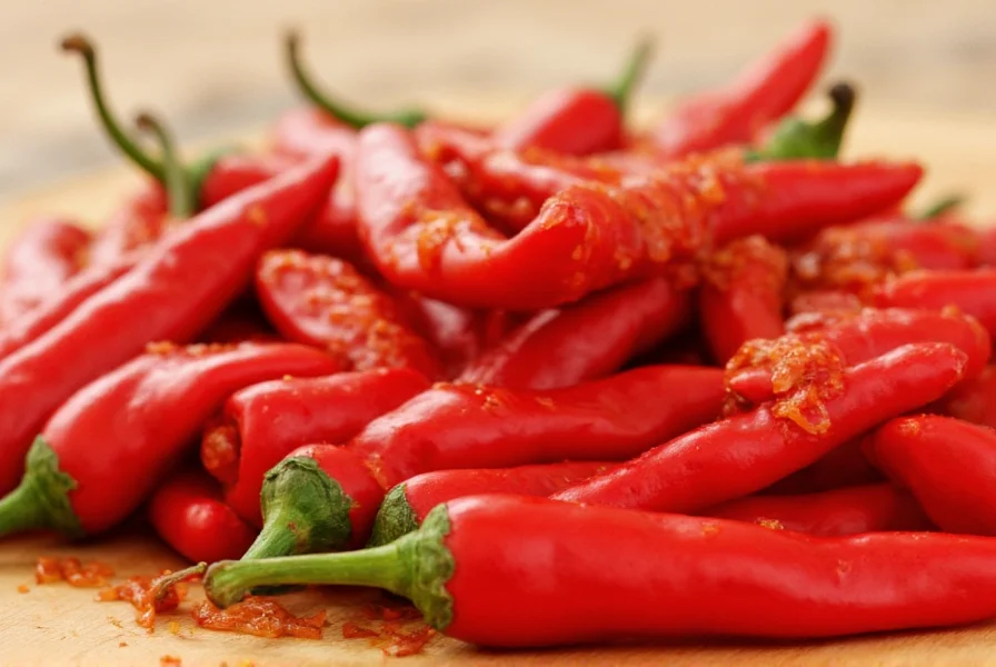 Close-up view of red cayenne peppers being processed into hot sauce with vinegar and garlic