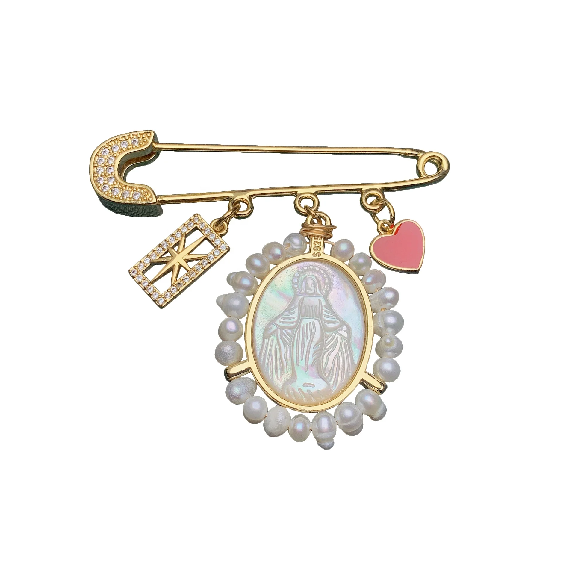 

Fashion MPO Shell Pearl Zircon Virgin Mary Medal Brooches Pin For Women Luxury Brooch Jewelry