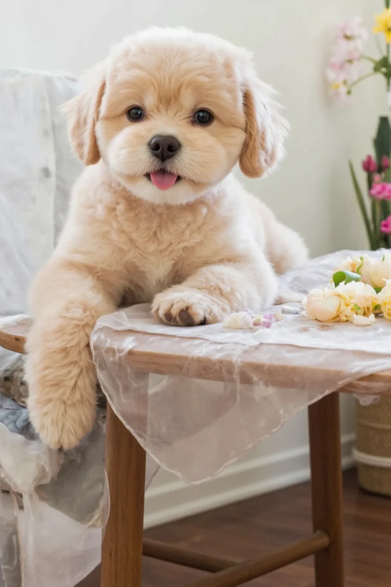 Living room setup with a smart digital frame rotating through various cute pet photos on a side table