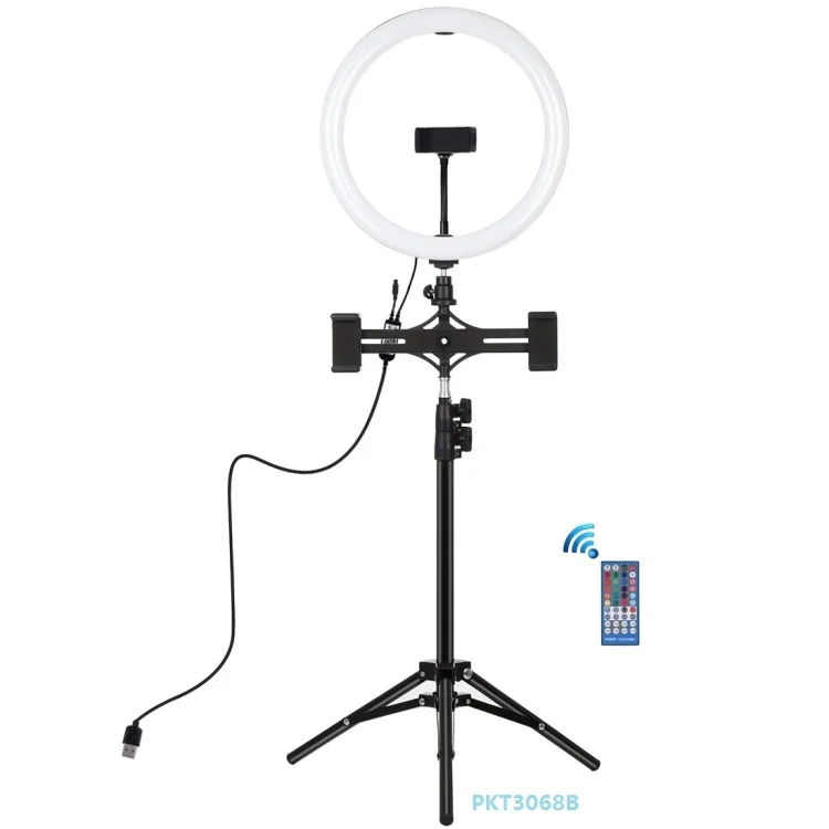 

Wholesale 11.8 inch 30cm RGB Dimmable Dual Color LED Selfie Ring Light with 1.1m Tripod Stand and Dual Phone Holder Remote