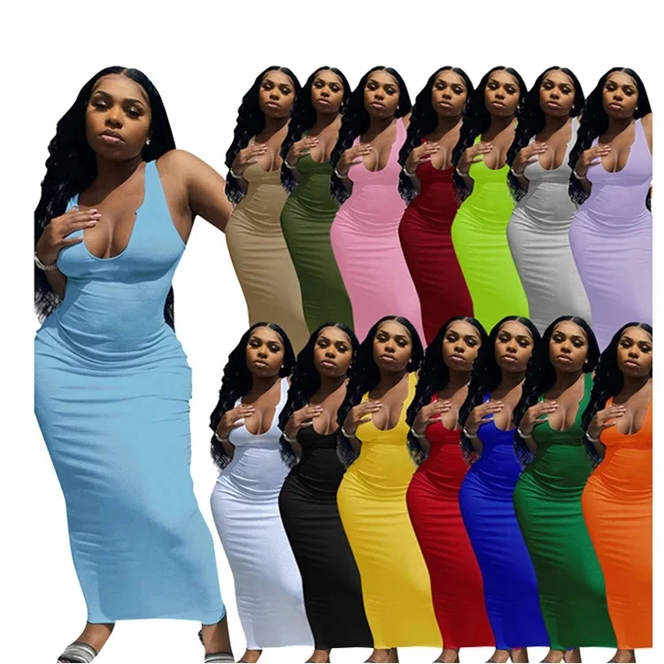 

summer 2021 style Rib Knit sexy Casual Party long dress new fashion sexy U collar sleeveless slim Elegant skirt Maxi Sundress, Picture shows