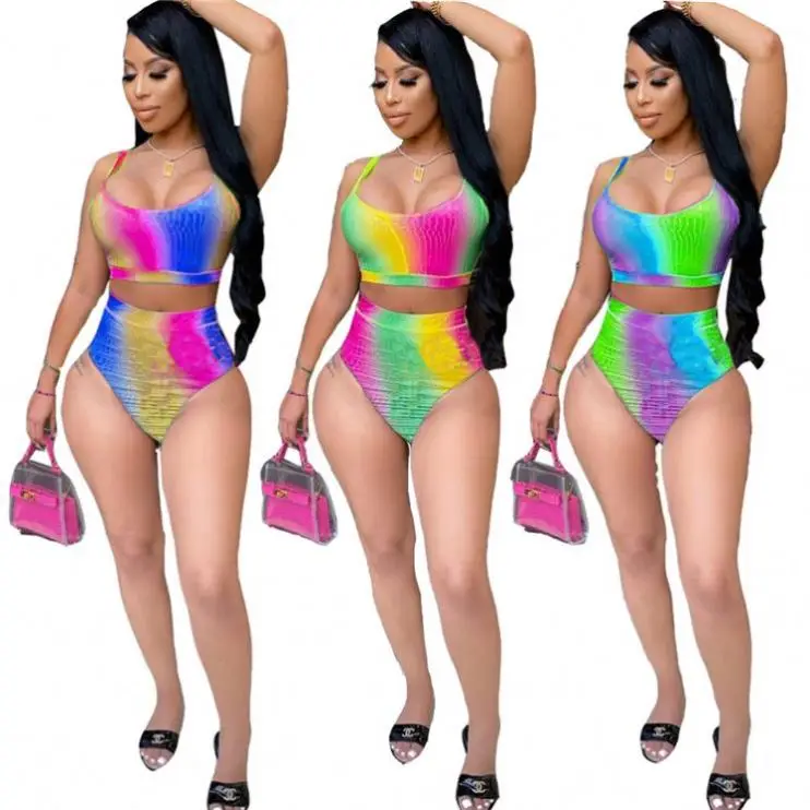 

OSINA Rainbow Crop Top 2 Piece Beachwear Swimwear Set 2021 Summer Sexy Bikini Women Two Piece Set Swimsuit