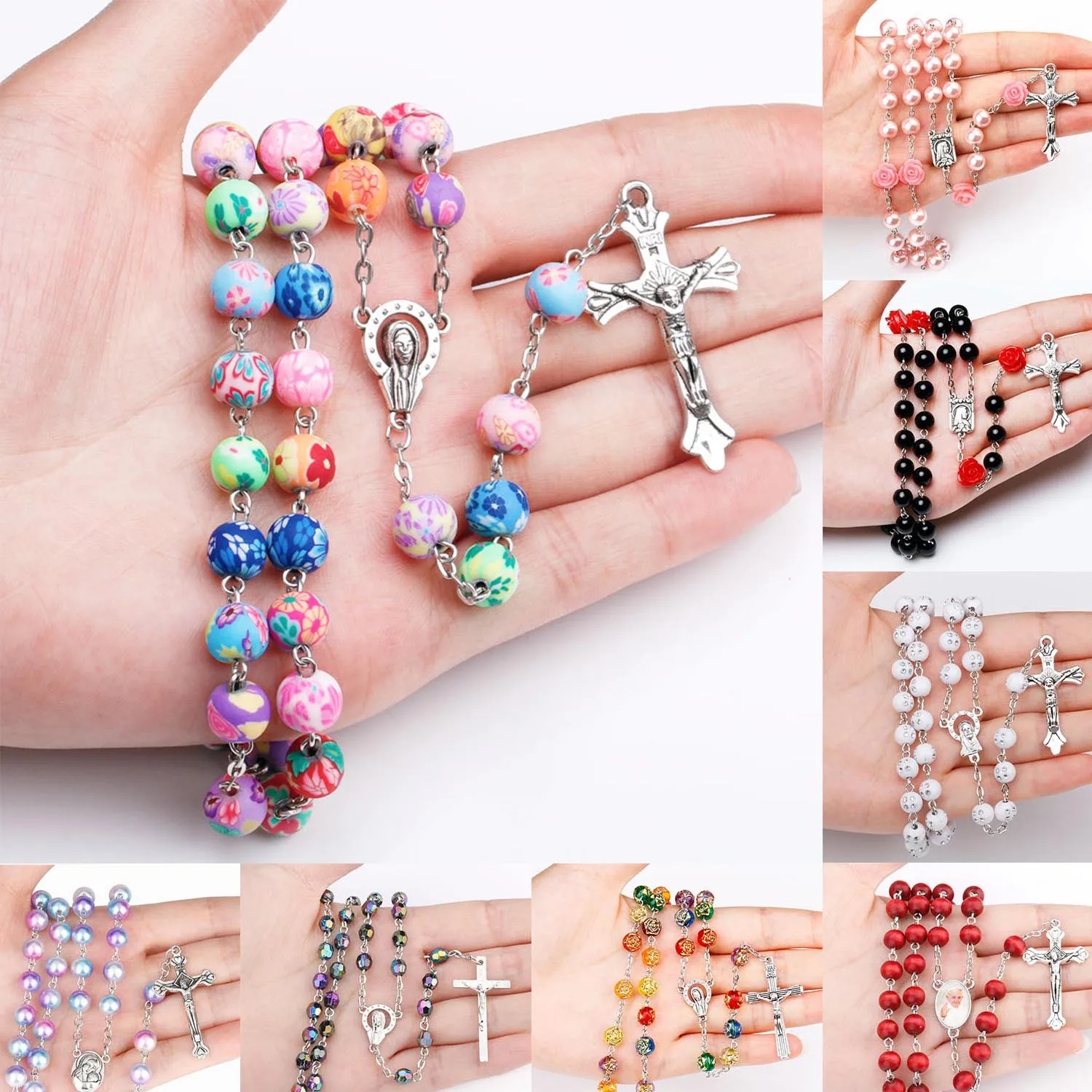 

Multi Color Beads Rosary Maria Hold Child Christian Rosaries Long Cross Necklace, As shown