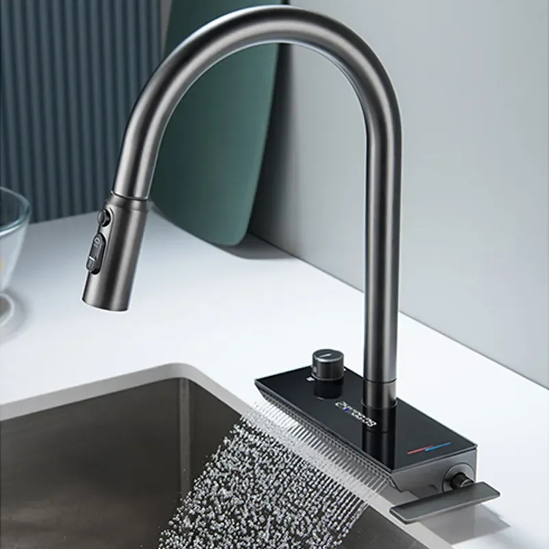 

Temperature Display Black Kitchen Sink Faucet with Pull Down Sprayer Mixer Tap