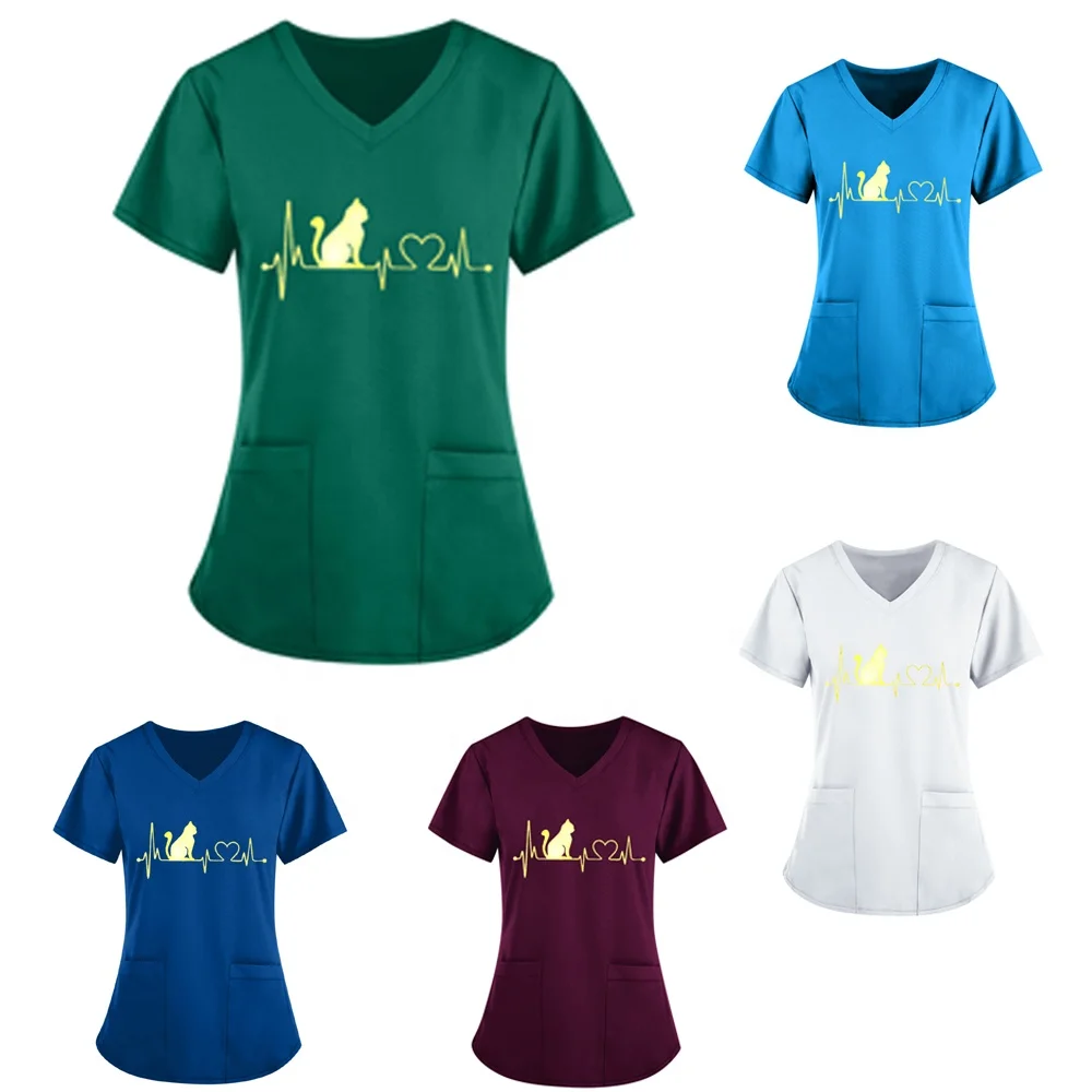 

Medical Polyester Women Clothing Uniform Casual V-neck Animal ECG Nurse T-shirt Scrub Tops