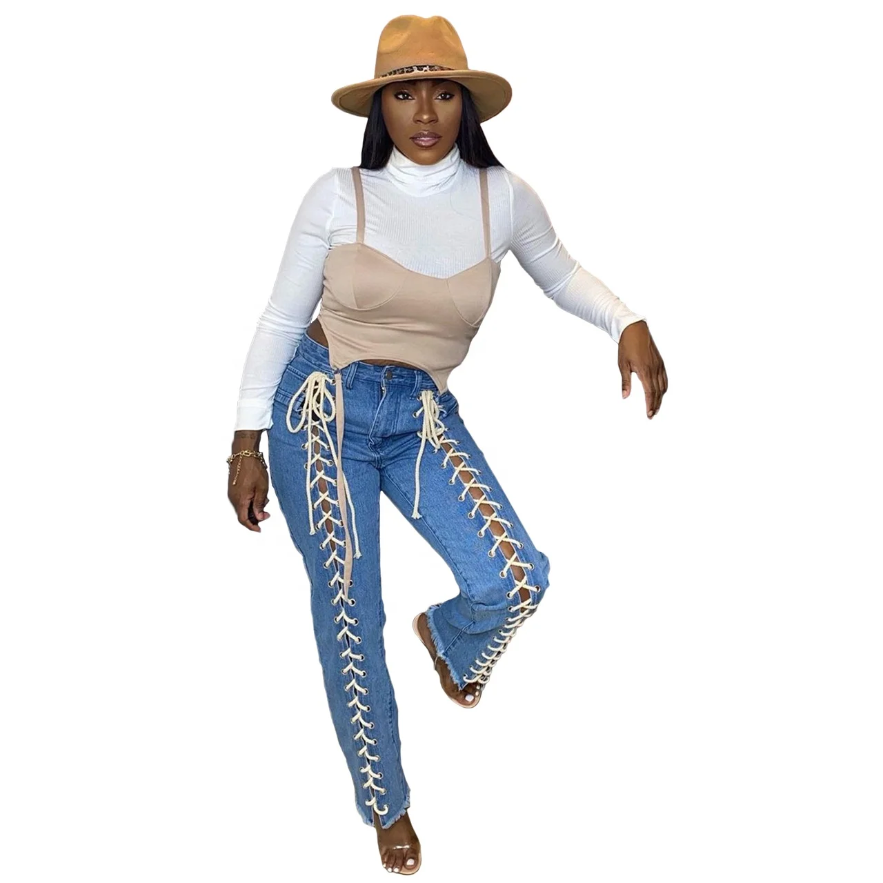 

2021 Blue Front Straight Leg Lace Up Jeans Women