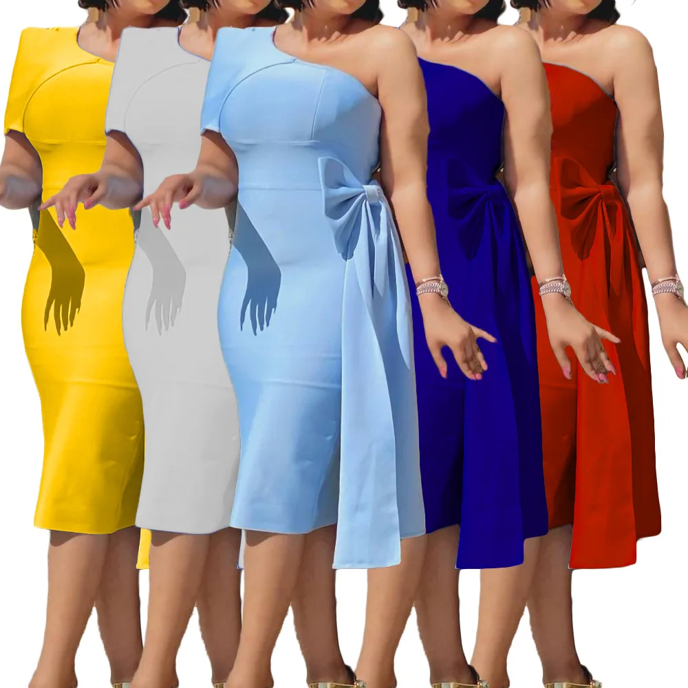 

Women's 2022 One Shoulder Solid Color Commuter Bow Party Dress European Plus Size Dress