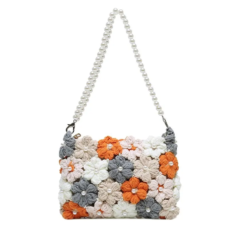 

Delicate Handmade Crochet Bag Knitted Flower Embossed Pearl Woven Woman Chain Bag Handbag, As show or customized