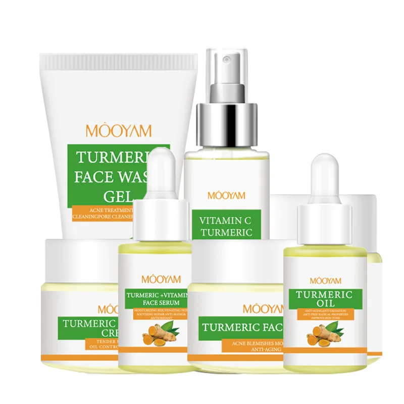 

Hot Sell Private Label Turmeric Skin Care Set Repairing Anti Acne Serum Oil Facial Cleanser Organic Cream Face Care For Women