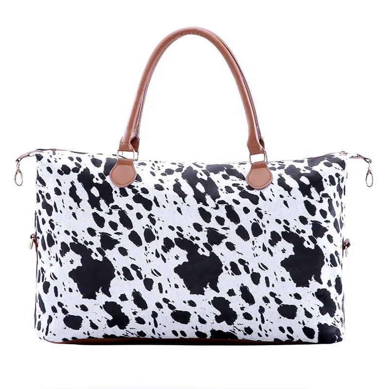 

Wholesale Custom Black Cow Women's tote Bag Lady Large Canvas Weekender Bag Monogram Overnight duffle Bag for Girls, Black cow, brown cow, leopard, etc.