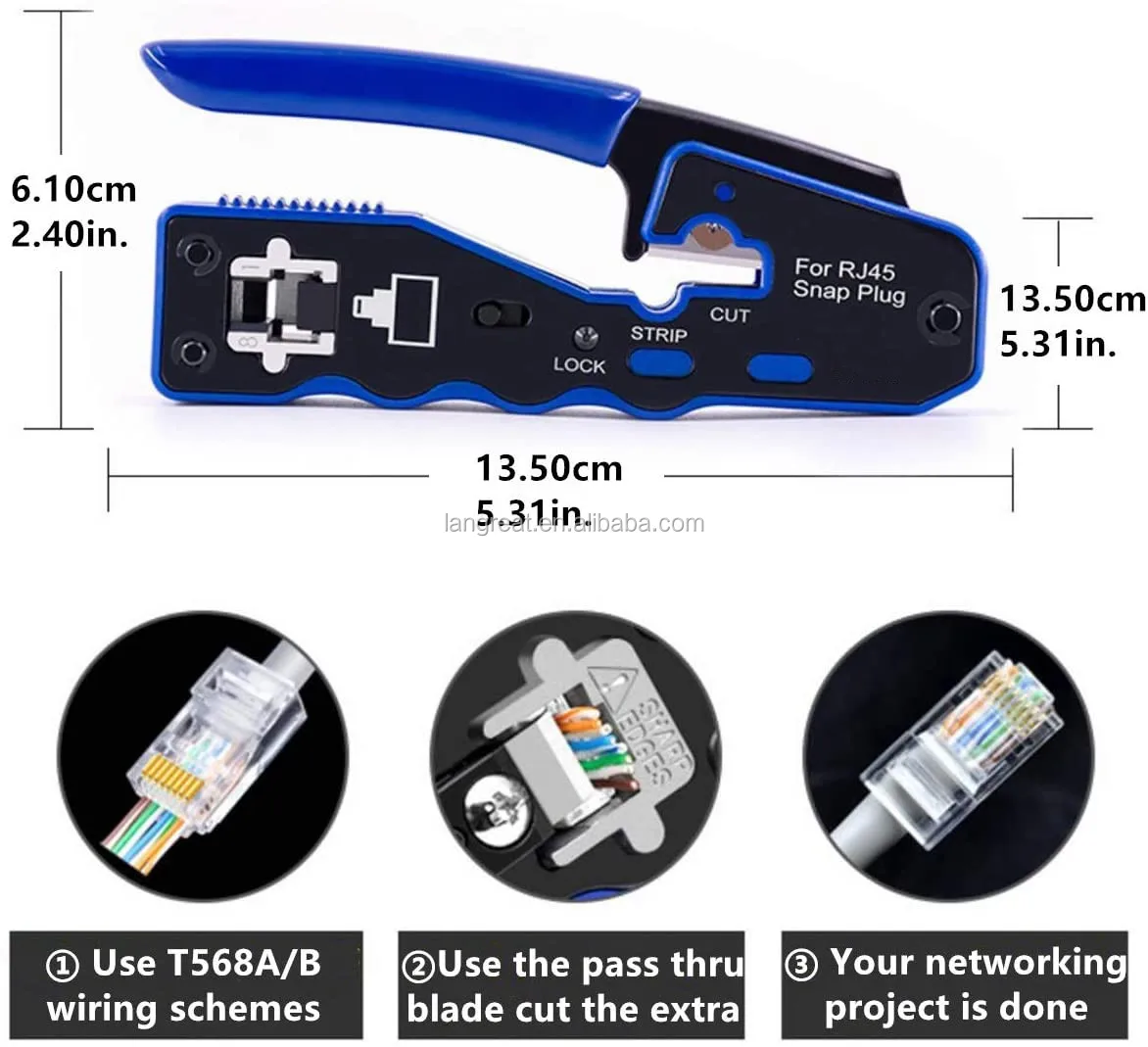 FGB Netwerkgereedschapsset, pass through RJ45 krimptang voor Cat7 Cat6 Cat5 met 4 x netwerkstekker Cat7 zonder gereedschap, 10 x RJ45-stekker, LSA- opzetgereedschap, netwerktester voor RJ45, RJ11, RJ12