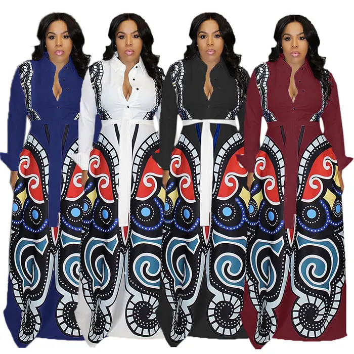 

Wholesale Traditional Long Sleeve High Waist Maxi African Printed Party Women Dress
