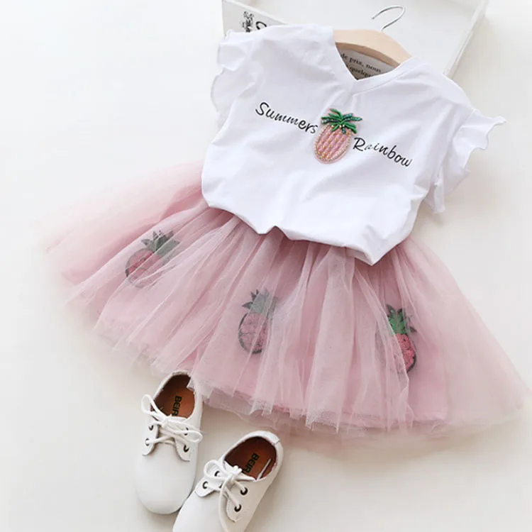 

New summer short-sleeved kids dresses shiny pineapple T-shirt girls clothes skirt suit, Picture color