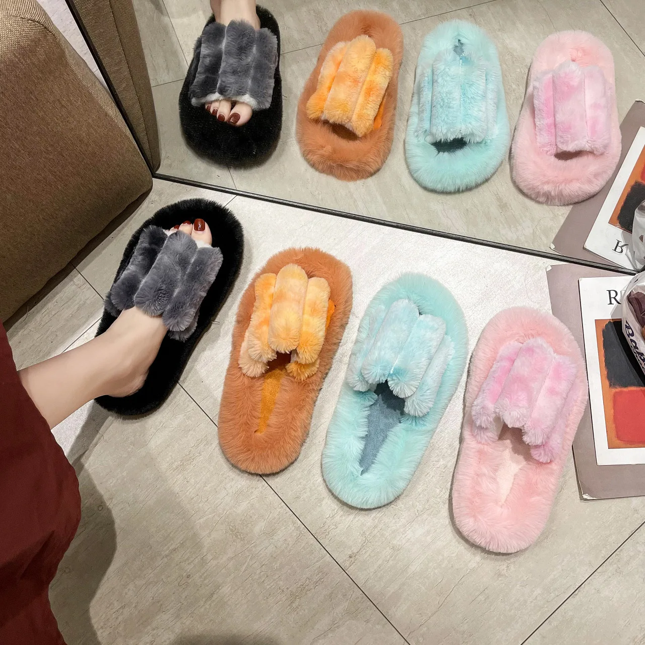 

Slip-on Winter Plush Slippers Warm Fuzzy Sandals for Women Opp Bag Slides Open-toe Indoor Soft Faux Fur Rubber High Quality