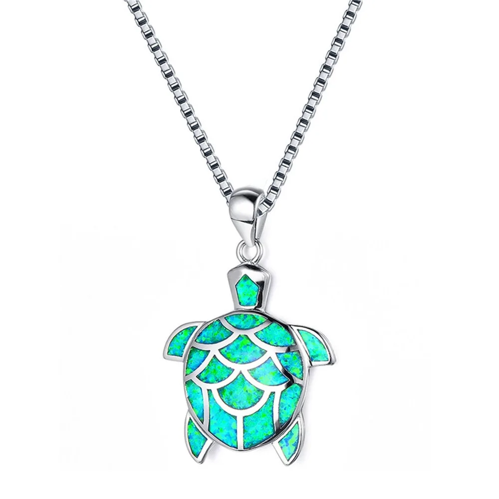 Necklace Jewelry Silver Filled Blue Opal Sea Turtle Pendant Necklace for Women Female Animal Wedding Ocean Beach Jewelry 