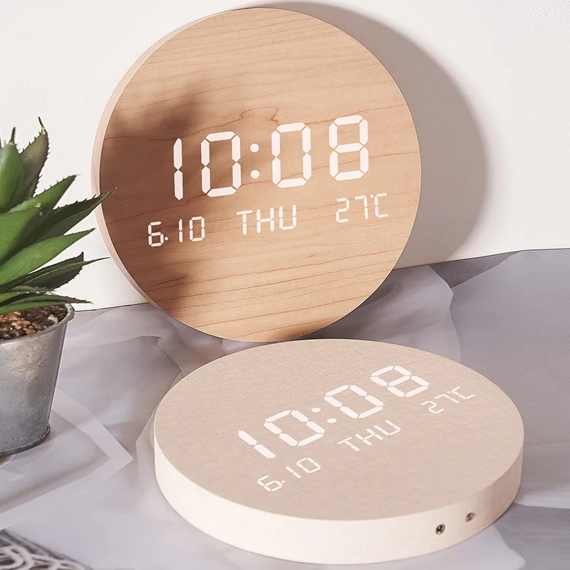 

New round LED digital wall clock large modern wall clock home decoration wooden wall clock, Solid wood color,cotton and linen
