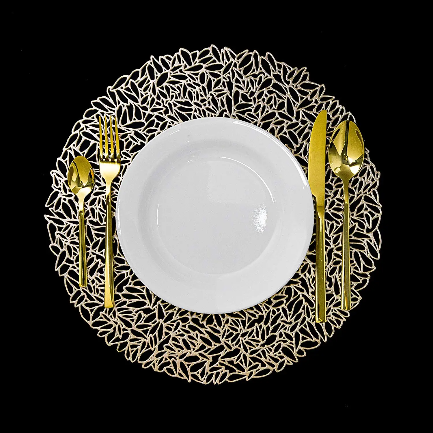 Round Gold Vinyl Placemats Durable Non Slip Heat Resistant Golden Metallic Pressed Vinyl 5393