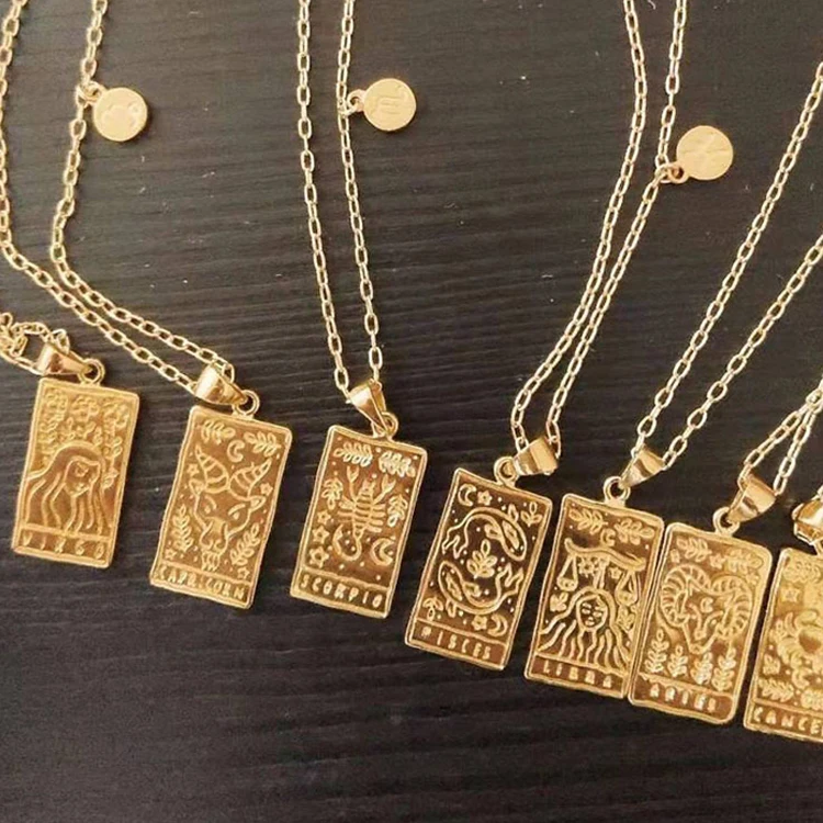 

2021 New Stainless Steel Gold Plated Square Engraved 12 Zodiac Sign Necklaces for Women, Gold, silver, rose gold