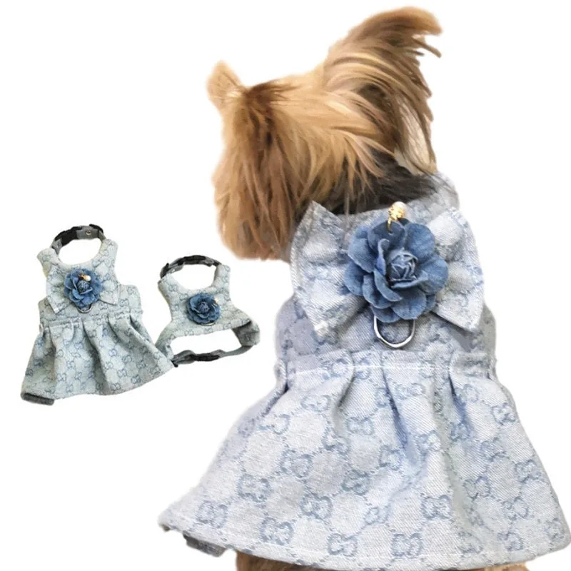 

XIAOFU Summer Luxury Fancy Princess Jeans Girl Pet Cat Dog Dress, Blue