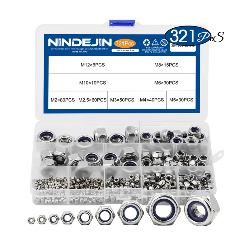 185Pcs 304 Stainless Steel Metric Nylon Insert Lock Nut Assortment Kit 7 Sizes 
