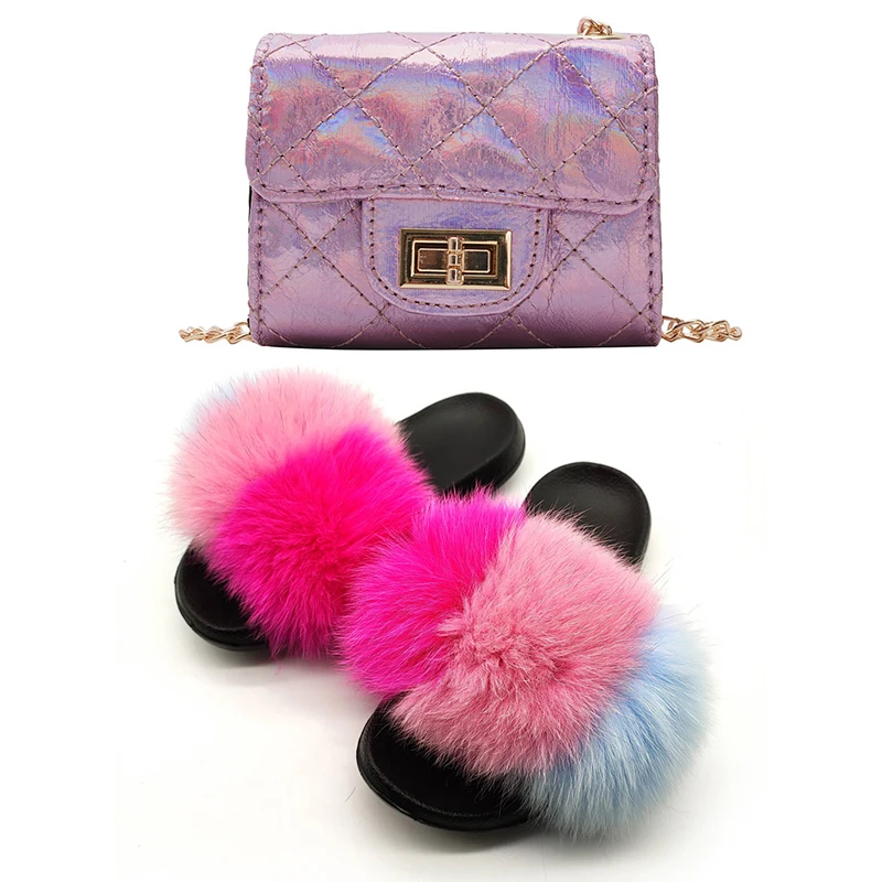 

KA baby lil girls kids big soft big fluffy bedroom fox solid color and multi color fur slippers slides and purse set vendor