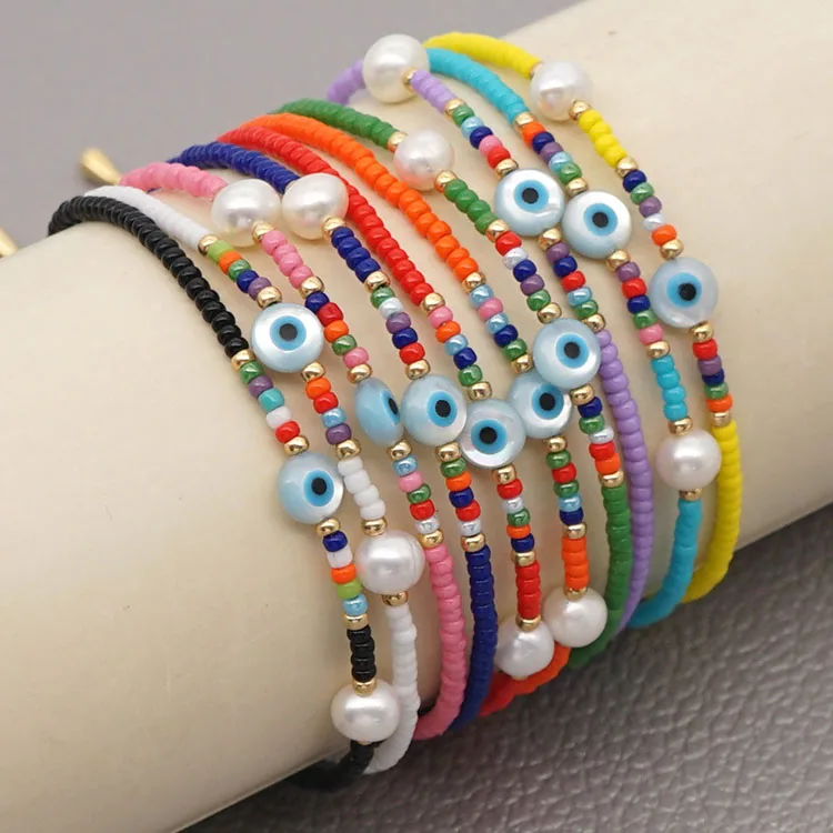 

BG1101 Evil Eyes &Shell&Tiny Glass Bead Copper Women Bracelet,Fashion Rainbow Glaze &Mother of Pearl Brass Ladies Bracelet