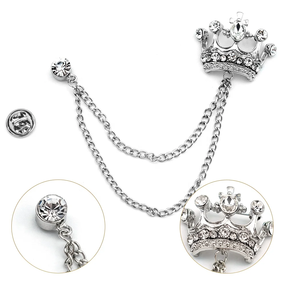 

Fashion Jewelry Suits Accessories Brooch sliver gold plated Vintage Crystal Crown Chain Brooch Pin For Men