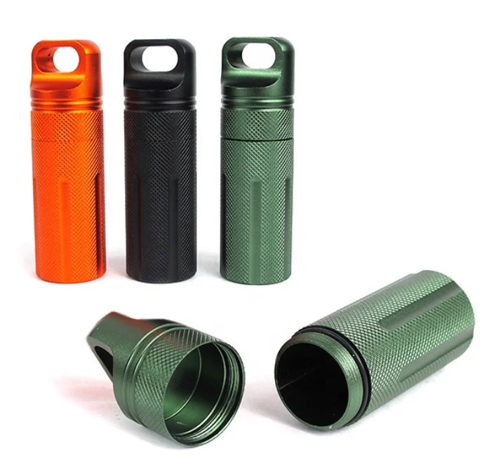 

Waterproof Aluminum Alloy Portable Outdoor EDC Survival Pill Container with Keychain, Green,orange,black