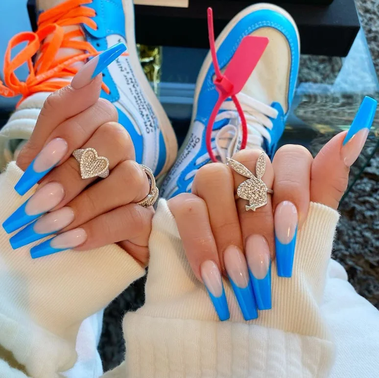 

Ballerina blue french nails press on extra long press on nails