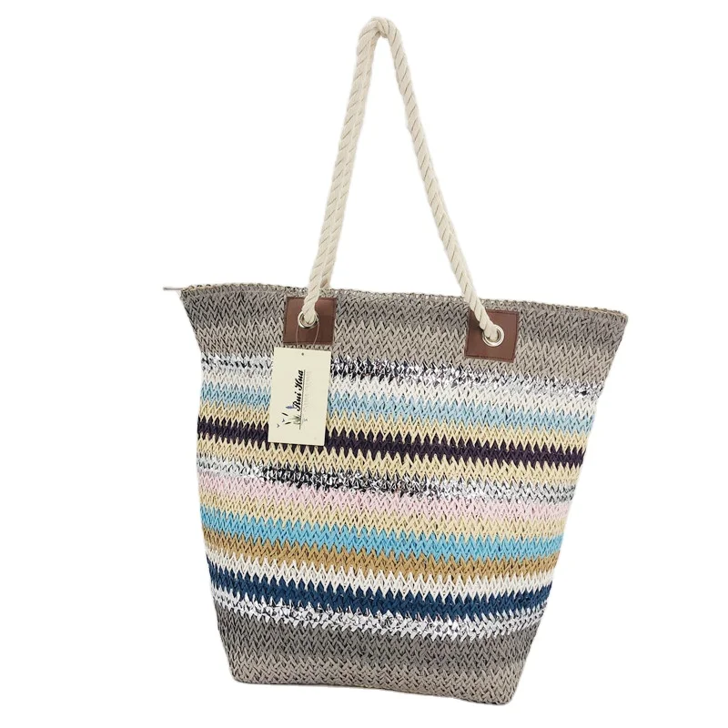 

Straw bags tote summer beach shopping,Rainbow Color rope Stripe Woven paper straw crochet tote bag,straw tote leather Handle