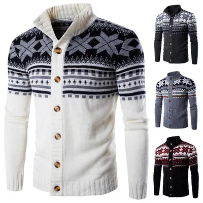 

Autumn Winter Warm Christmas Sweater Men Fashion Printed Single-breasted Knit Cardigan Casual Stand Collar Mens Cardigan Sweater