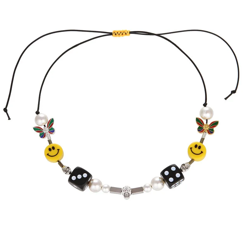 

Cute Butterfly Pearl Smiley Dice Skull Choker Necklace for Women Men, As picture