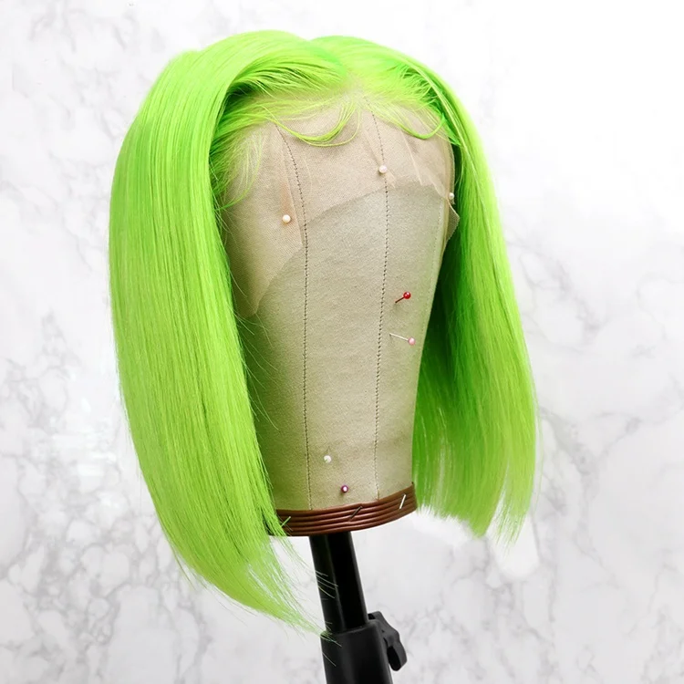 

Peruvian hair human hair green color front lace bob wig, Wholesale cheap natural unprocessed Remy Virgin Hair