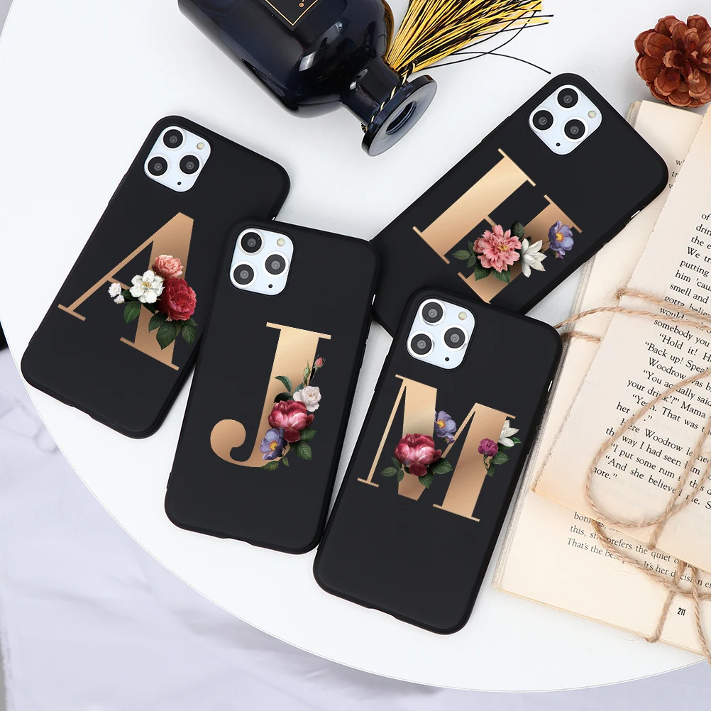 

Rose Pink Letter Phone Case For Apple iPhone 12 Mini 11 Pro 7 XR X 6 6S Plus XS Max 5 8 Soft Black Capa Mobile Cover