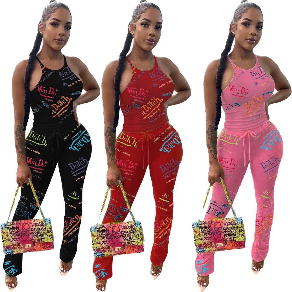 

2021 Hot Sale Von Dutch Print outfits women's Halter Vest and Pleated Stacked Pants two piece set summer clothes