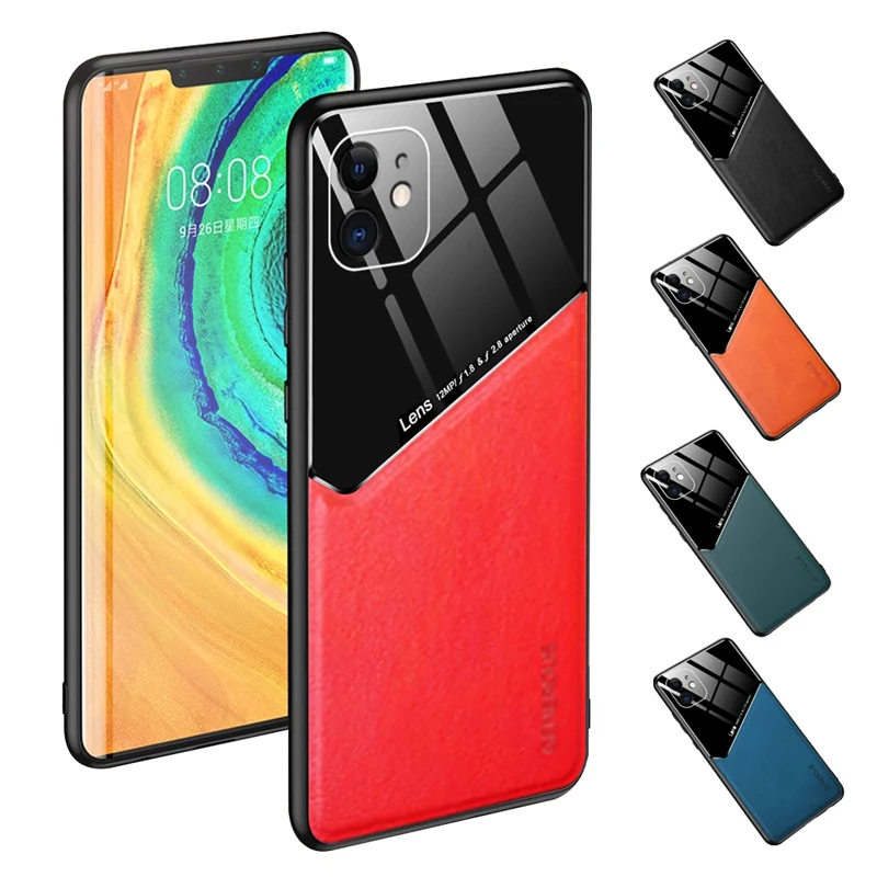 

Lens Protection Dermatoglyph Magnetic Tempered Glass PU Leather Phone Case For iPhone 12 11 Pro Max Mini, Mix