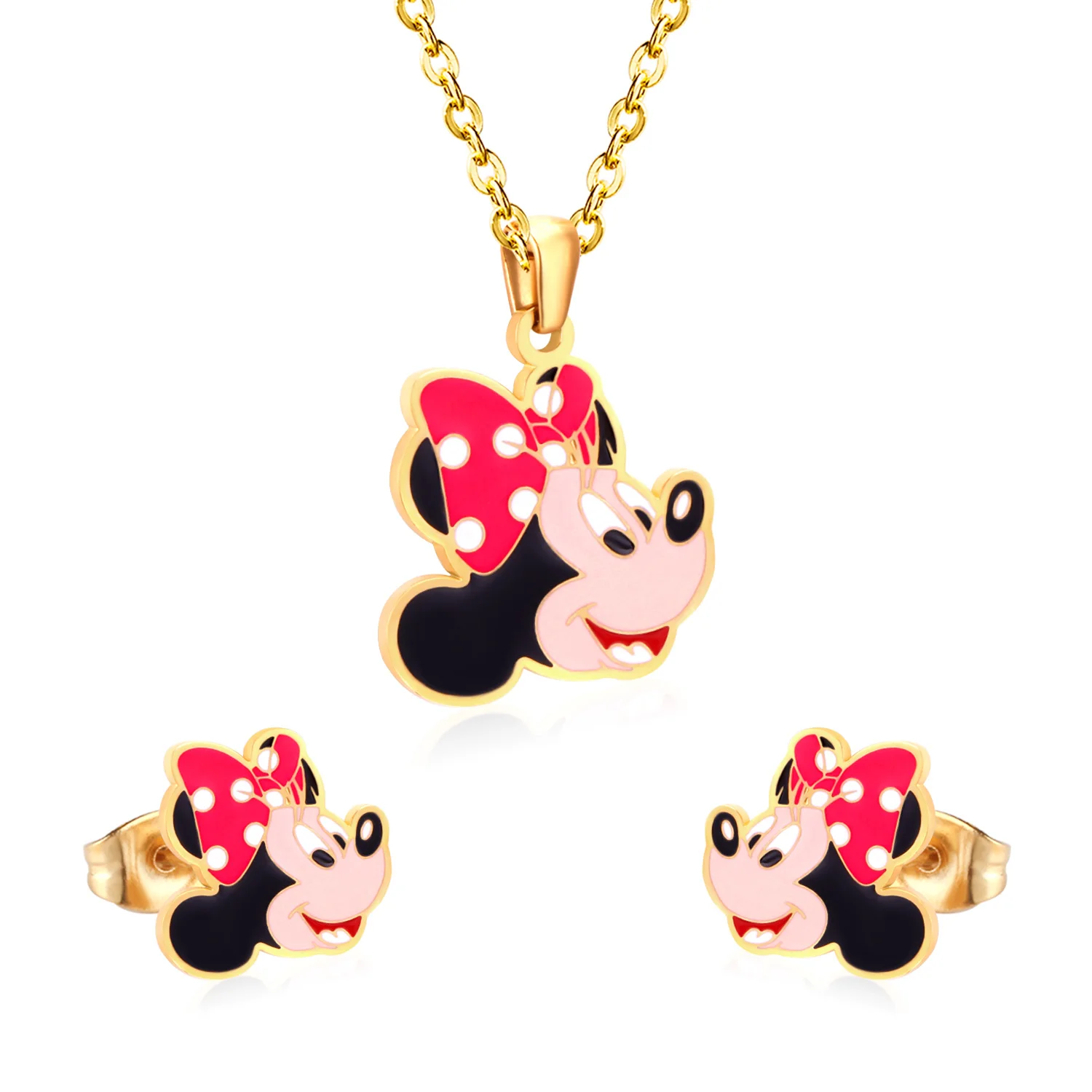 

High Quality Stainless Steel Cartoon Character Cute Micky Mouse Earrings Pendant Necklace Set Kids Animals Jewelry, Gold/silver/rose gold
